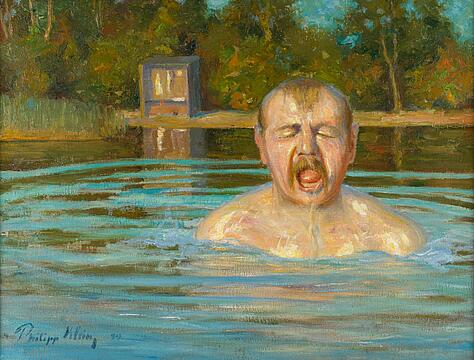 Gemälde zeigt einen Mann, der mit dem Kopf aus dem Wasser auftaucht